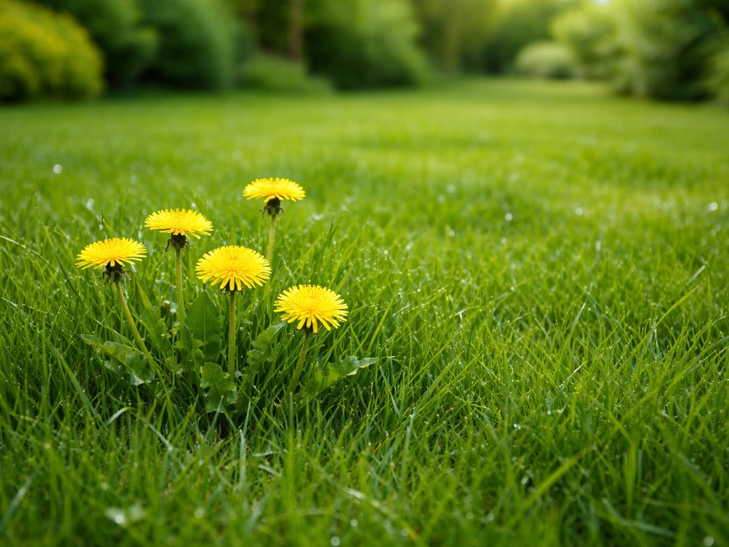 Pelouse verte avec quelques pissenlits encore visibles, sans traces de brûlure, ambiance jardin calme.