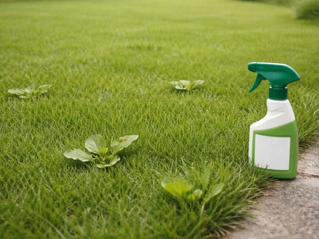 Pelouse verte avec mauvaises herbes autour, un herbicide de jardin à côté, ambiance de traitement ciblé.