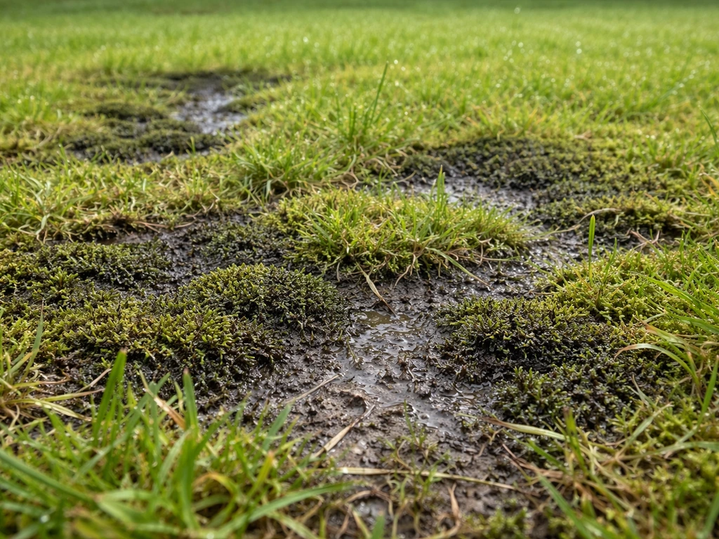 Gazon avec des zones sombres et denses de mousse, gros plan au ras du sol pour illustrer un anti-mousse.