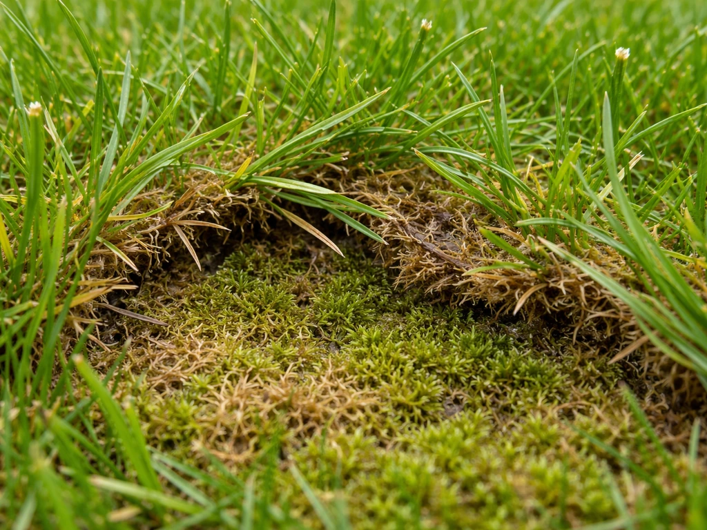 Gazon coupé : feutre brun et mousse entre les brins d’herbe, vue rapprochée des couches à déchaumer.