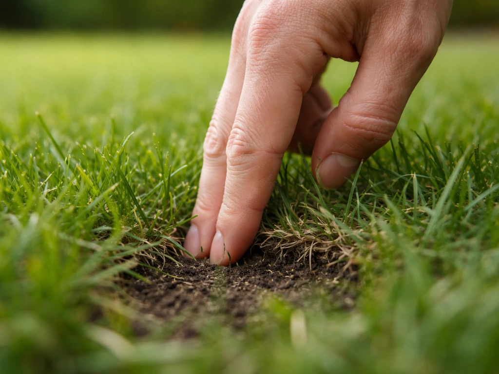 Main enfonçant deux doigts au ras du sol entre les brins d’herbe pour tester le feutre du gazon.