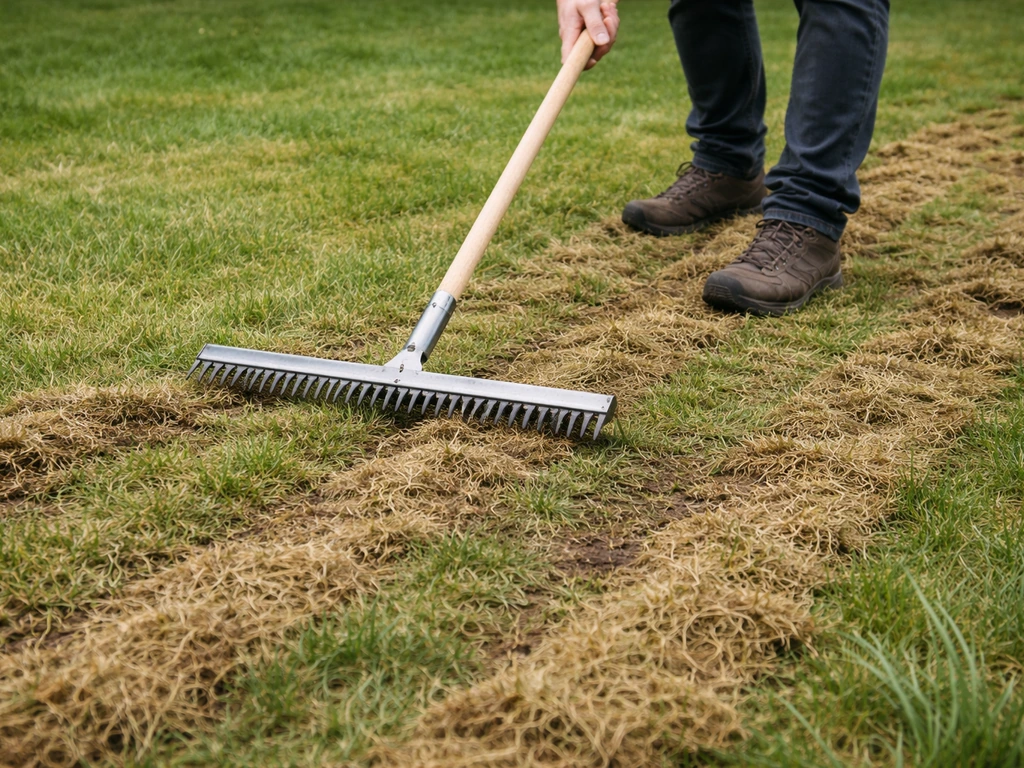 Une pelouse déchaumée : un scarificateur ou râteau passe en quadrillage, révélant le sol et les brins d’herbe.