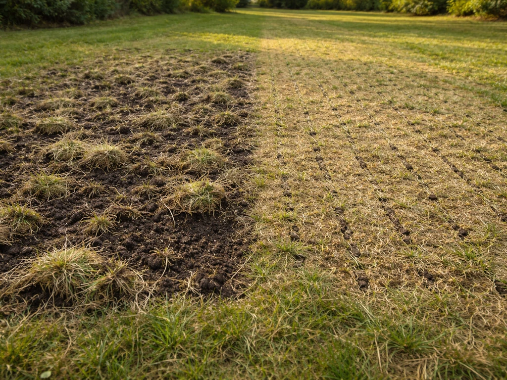 Pelouse arrachée par une scarification trop profonde, avec une zone voisine mieux préparée.