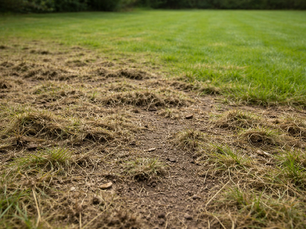 Pelouse scarifiée : feutre arraché et zones de terre mises à nu, contraste avec une zone encore verte.