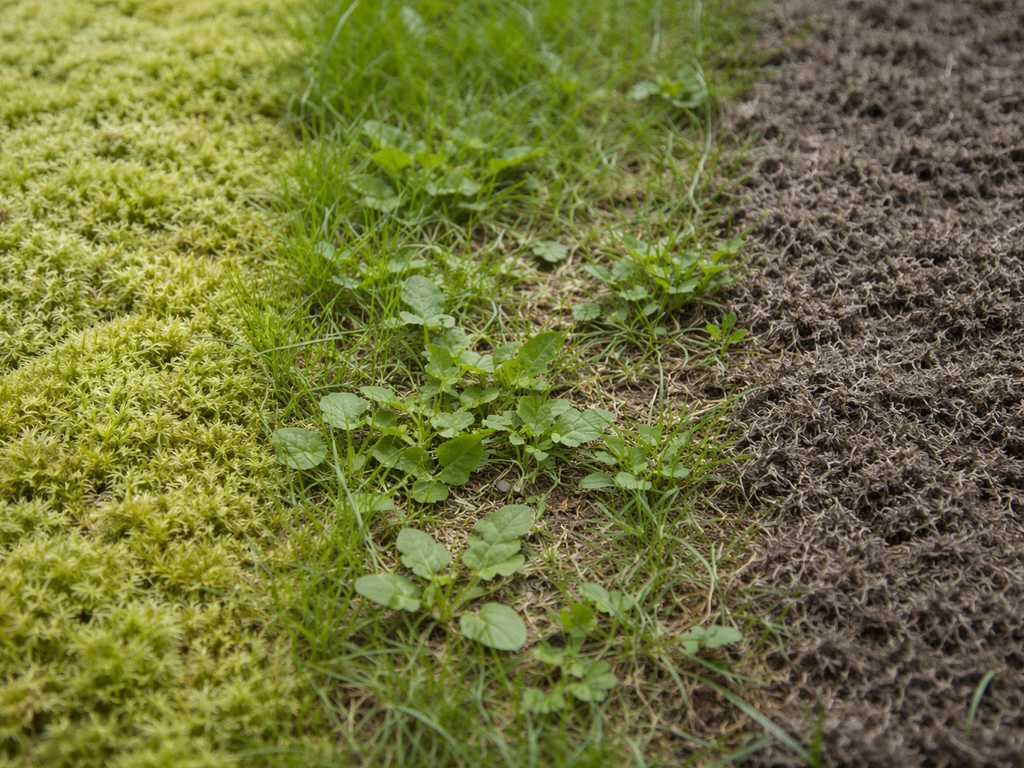Turf au sol : mousse, mauvaises herbes et feutrage visibles côte à côte, vue rapprochée naturelle