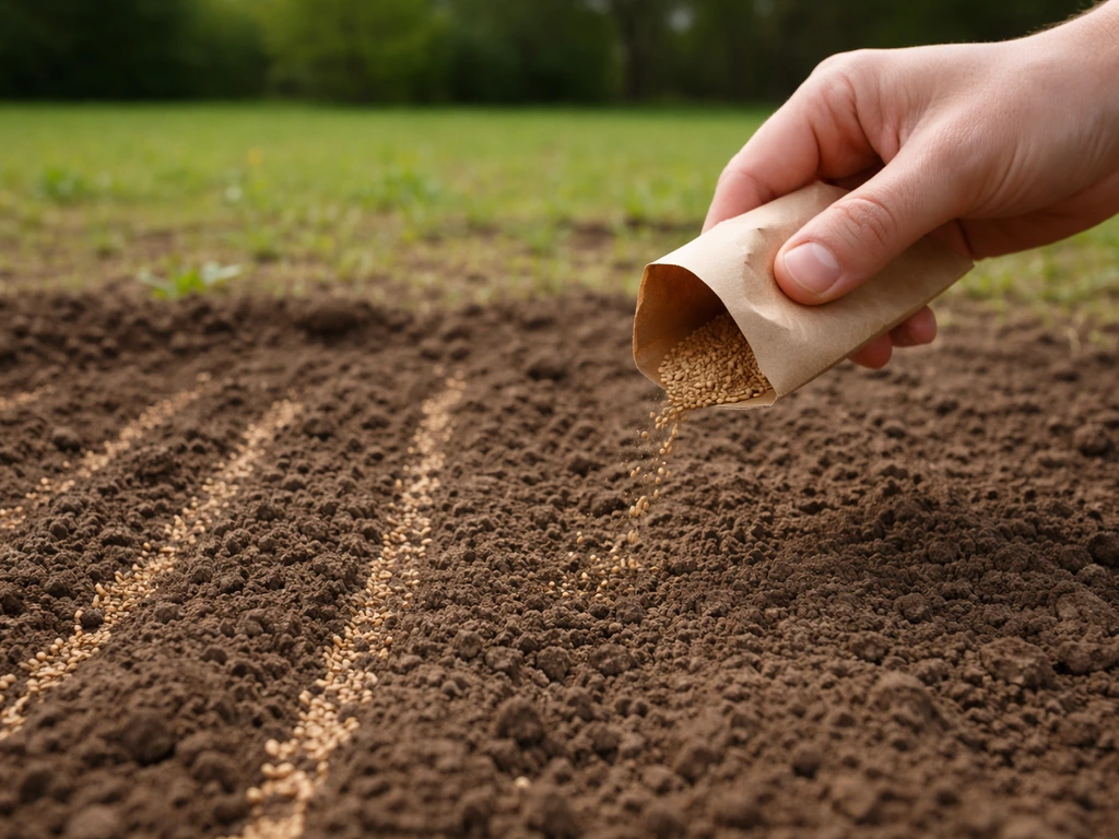 Main semant des graines sur une pelouse clairsemée après scarification, vue rapprochée au sol.