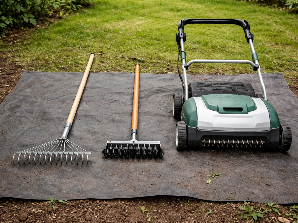 Trois outils de pelouse posés côte à côte : râteau à dents, scarificateur manuel et scarificateur électrique.