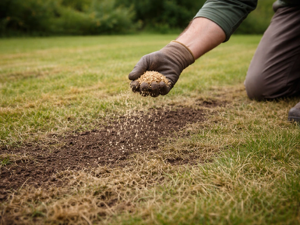 Un jardinier sème des graines à la volée sur une pelouse clairesemée, après le défeutrage