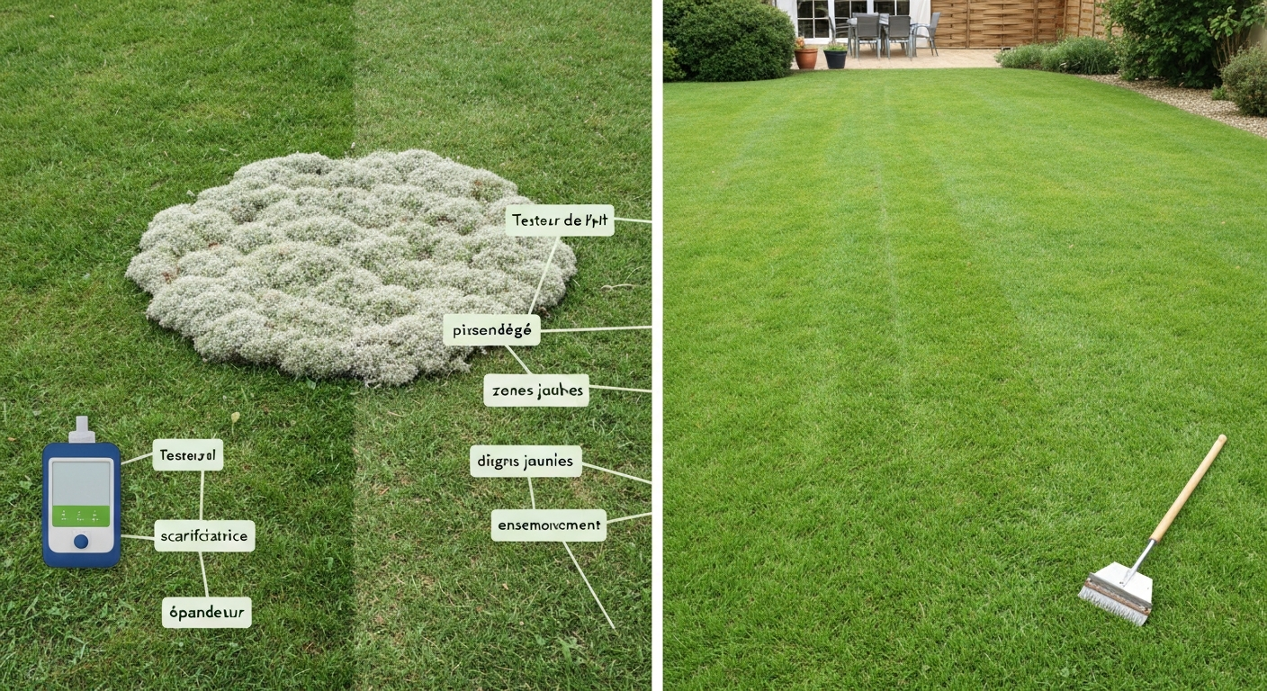 Vue avant/après d'une pelouse : à gauche mousse et mauvaises herbes, à droite pelouse saine et dense ; outils de jardin en arrière‑plan.