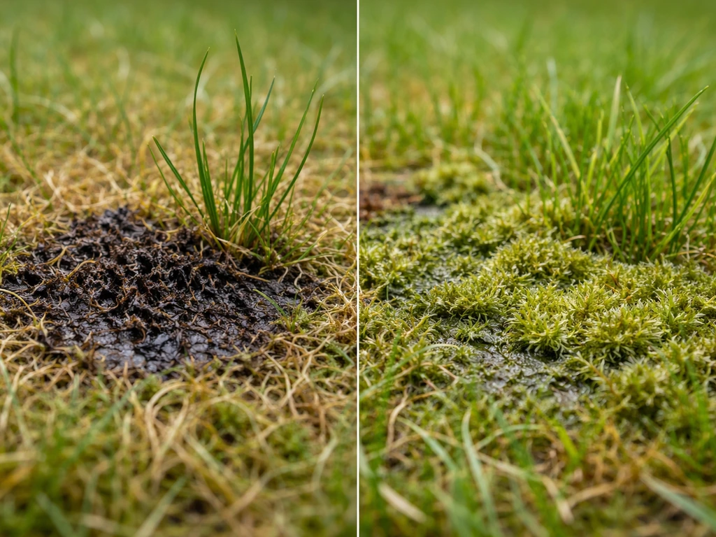 Mousse de pelouse noircissant et se desséchant après hydromousse, comparée à une autre zone au sulfate de fer.