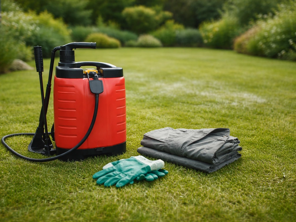 Pulvérisateur à dos, gants et vêtements de protection sur une pelouse, prêt pour un traitement du jardin.