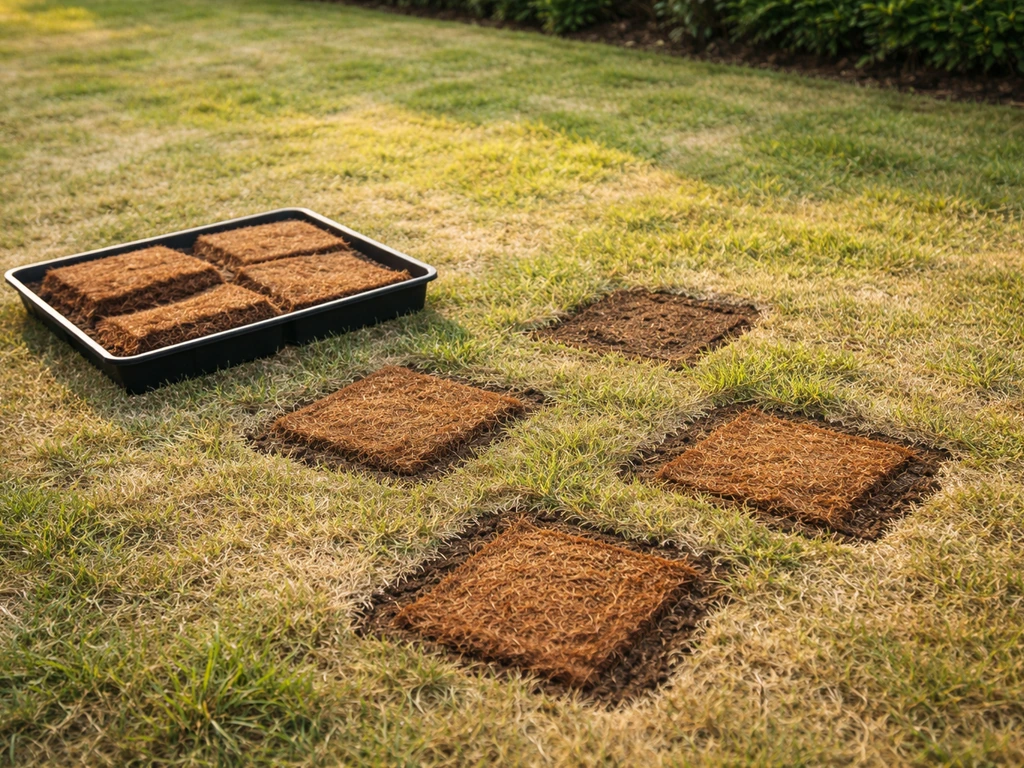 Pelouse clairsemée réparée avec petits patchs à base de fibre de coco, ambiance jardin français au soleil.