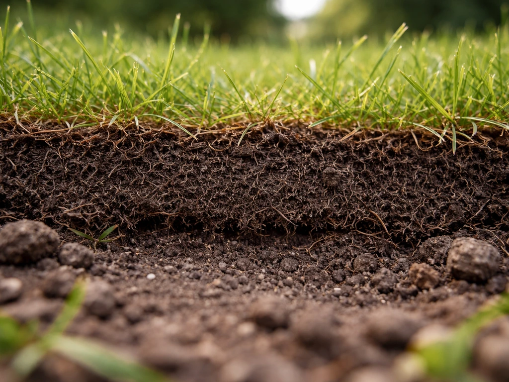 Zoom sur une couche de feutre épaisse au niveau du sol entre l’herbe et la terre
