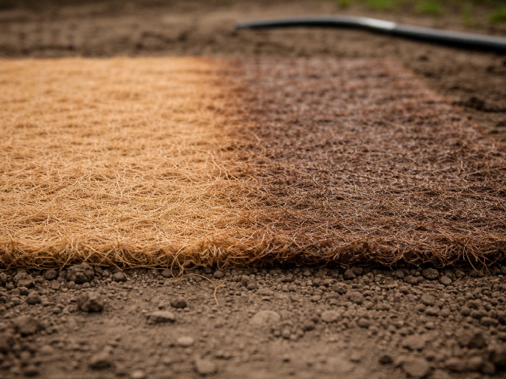 Petite zone de sol avec fibre de coco d’arrosage, brun clair devenant plus foncé, près d’un tuyau d’arrosage.