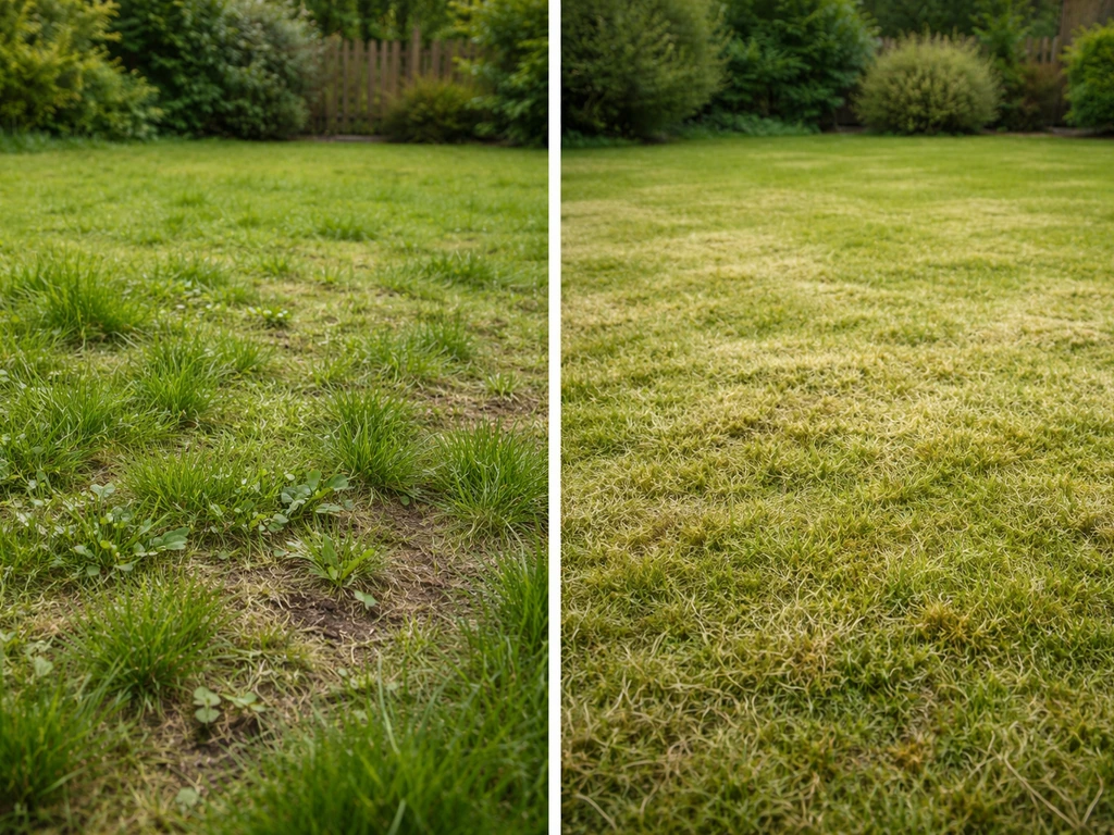 Pelouse divisée en deux zones : mauvaises herbes d’un côté, mousse compacte de l’autre, à traiter différemment.
