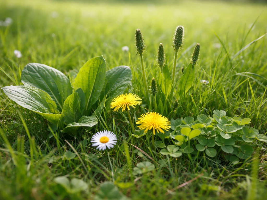 Gros plan de plantain, pissenlit, pâquerette et trèfle dans une pelouse verte.