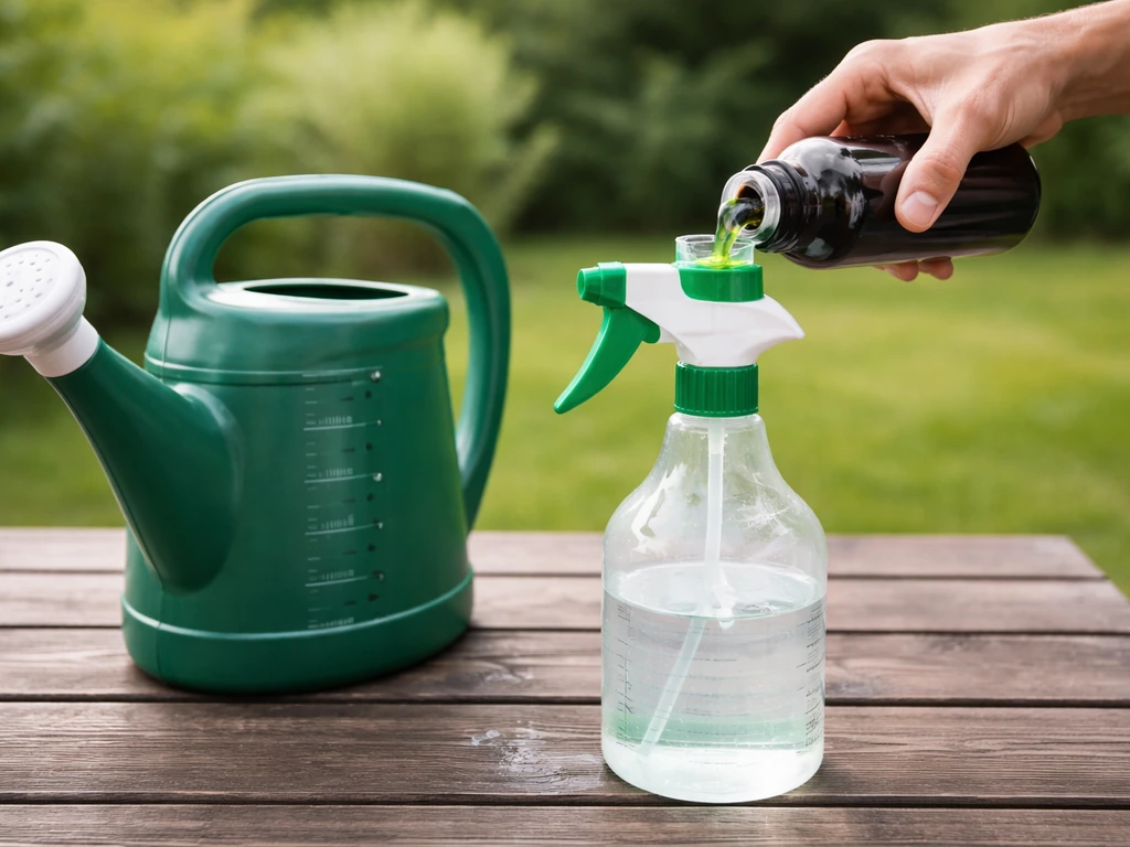 Mélange du concentré avec de l’eau dans un pulvérisateur gradué, en plein dosage avant application.