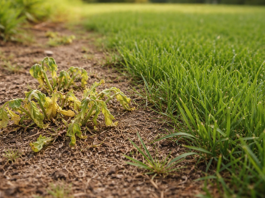 Comparaison au ras du sol : mauvaises herbes jaunies et recroquevillées après traitement, pelouse plus saine.