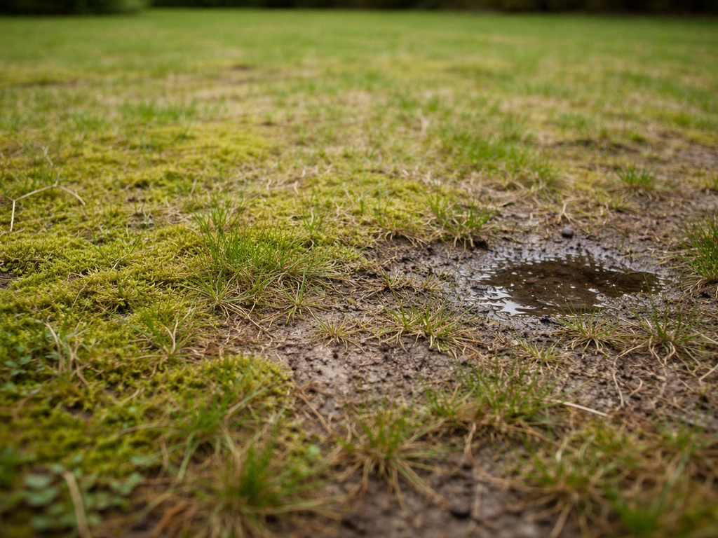 Gazon clairsemé avec feutrage de mousse et petites zones où l’eau stagne sur sol compacté.