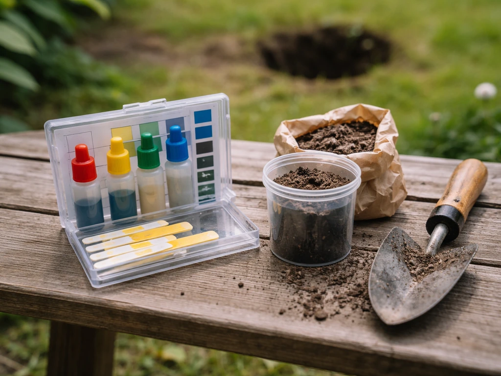 Kit de test pH et échantillon de terre prélevé à environ 10 cm, près d’une zone de jardin.