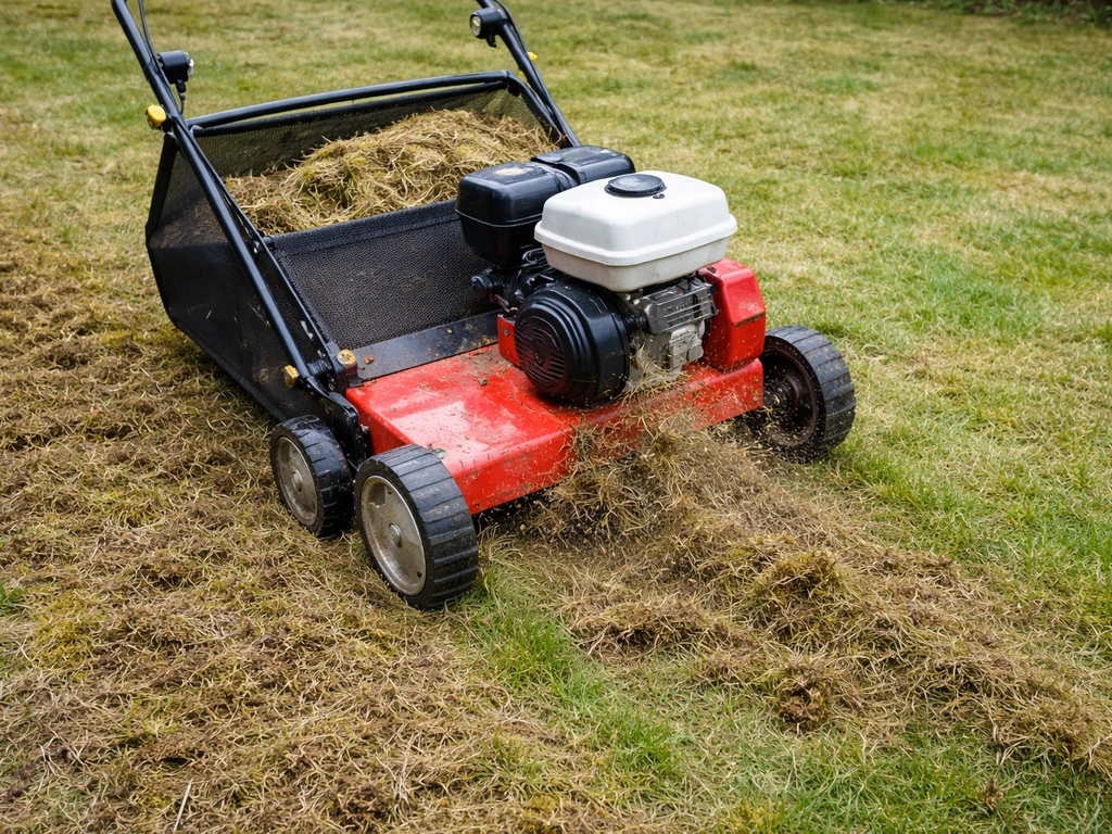 Scarificateur à gazon en action, gratte le chaume et la mousse, débris visibles lors du ramassage