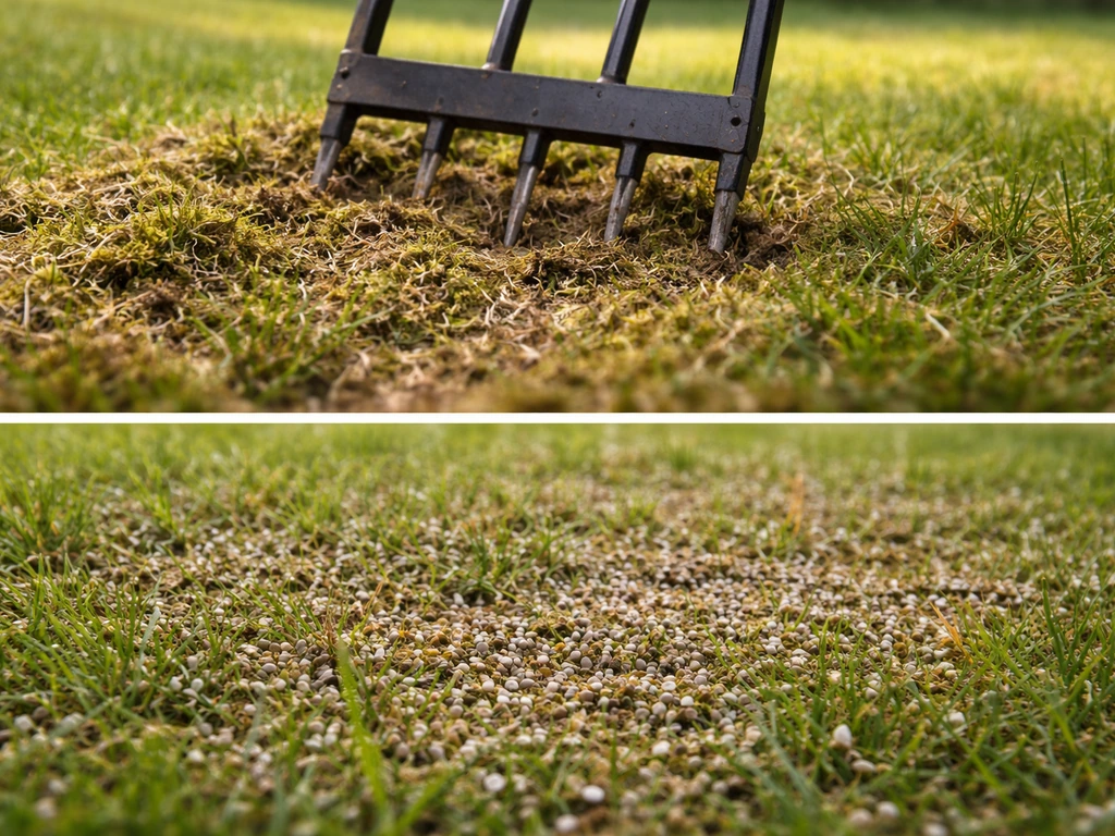 Aérateur à fourches tiré sur un gazon, puis graines et engrais visibles, après scarification, en lumière naturelle.