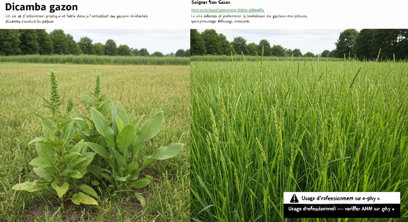 Pelouse montrant à gauche des mauvaises herbes à feuilles larges et à droite un gazon sain ; vignette « Usage professionnel — vérifier AMM sur e-phy ».