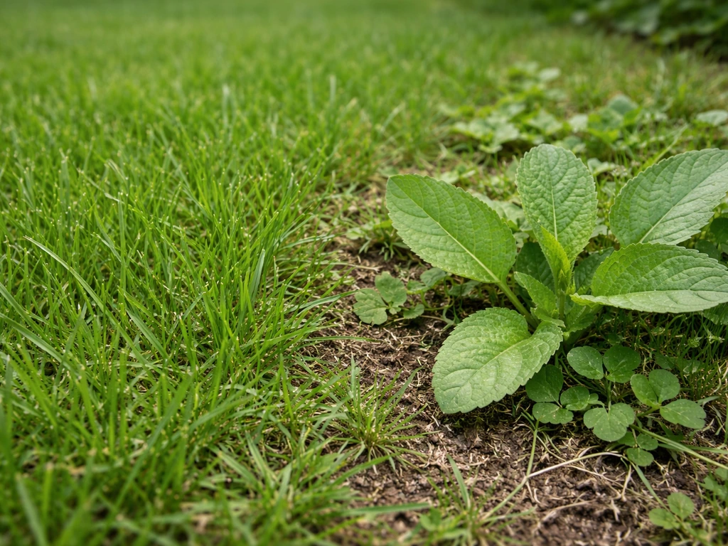 Gros plan sur une pelouse avec graminées à feuilles fines et mauvaises herbes à feuilles larges.