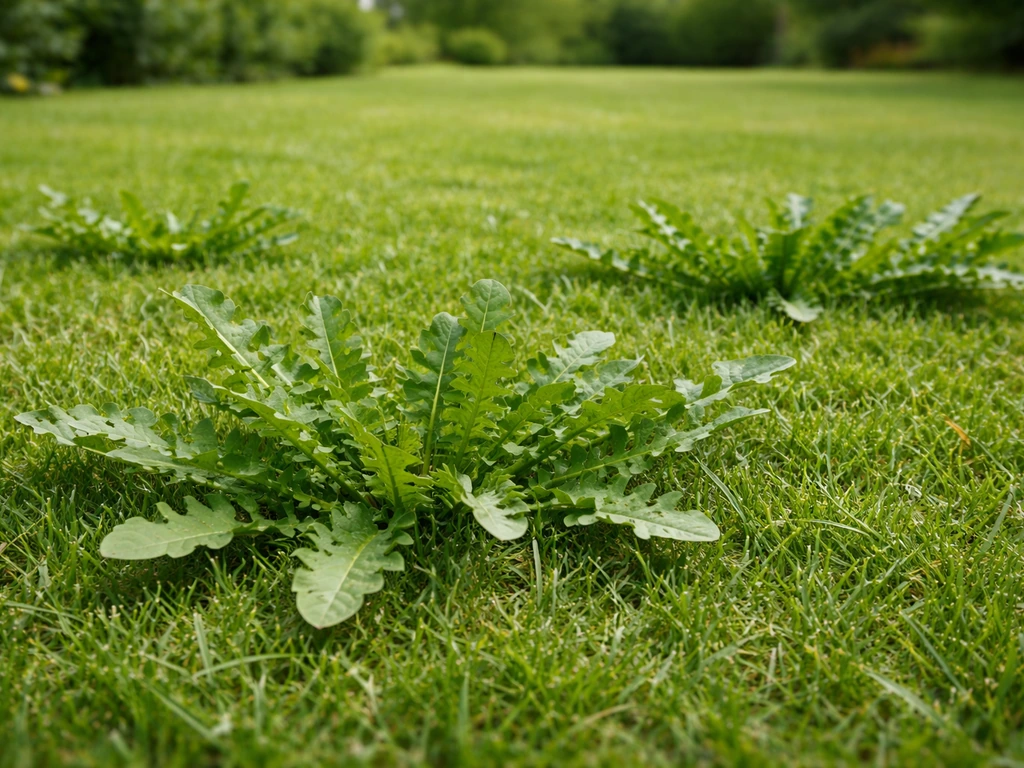 Plan au sol d’un gazon fraîchement tondu avec pissenlit à rosettes bien développées avant traitement.