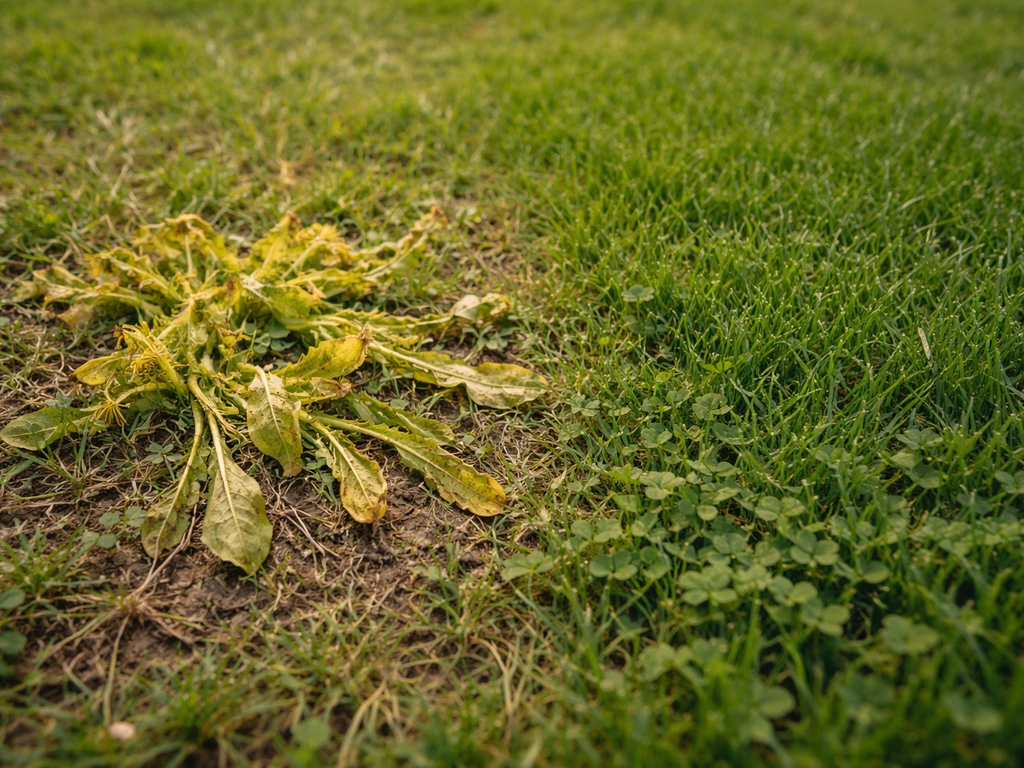 Mauvaises herbes jaunies et ratatinées après traitement, pelouse voisine verte intacte.