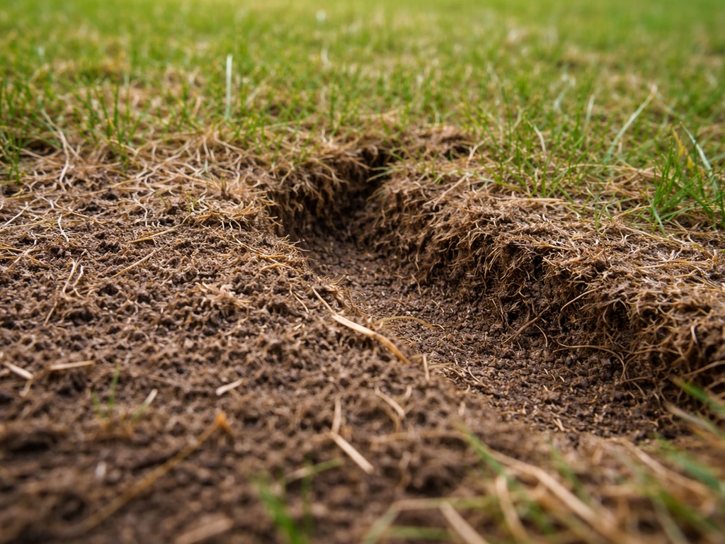 Gros plan sur une couche de feutre et chaume au ras du sol, après un léger griffage montrant l’épaisseur