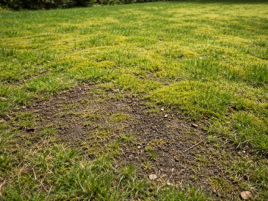 Pelouse de jardin envahie par la mousse, zone dégradée et herbe clairsemée au premier plan.