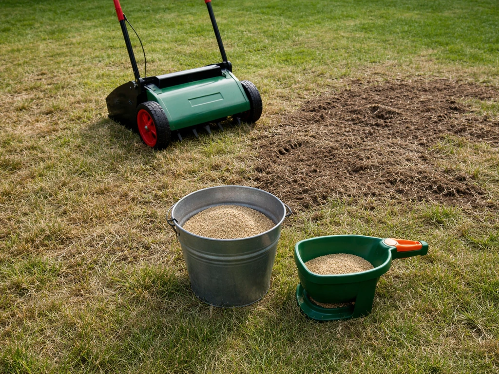 Pelouse rénovée : scarificateur et regarnissage avec un semoir à la main sur un sol préparé.