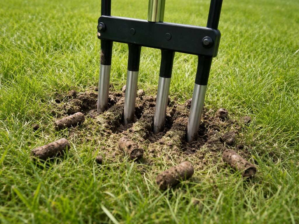 Décompacteur à tines creuses dans une pelouse, sol aéré et “ouvert”, lumière naturelle