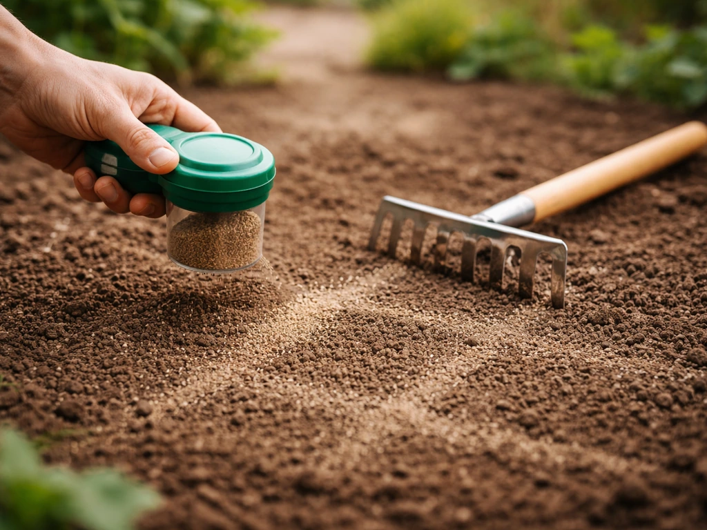 Jardinier épandant des graines d’agrostide sur une terre fraîche, puis recouvrant très légèrement avec un râteau léger.
