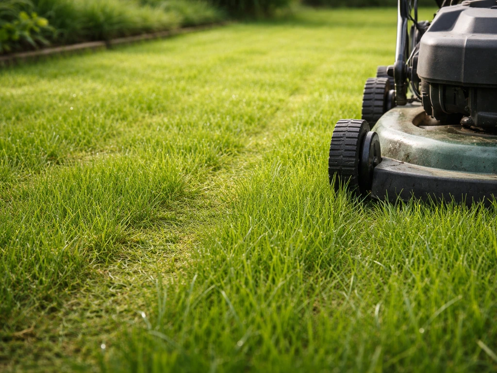 Jeunes pousses d’agrostide sur une pelouse après sursemis, avec une tondeuse réglée pour une première tonte.