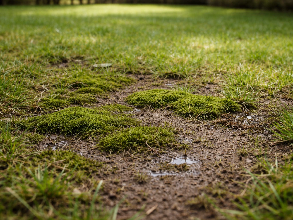 Gazon dégradé avec mousse dense, herbe clairsemée, sol humide à l’ombre d’un jardin.