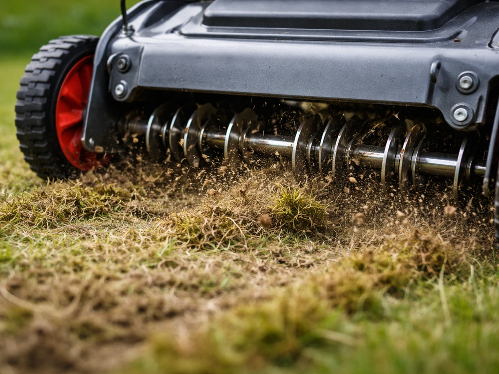 Gros plan sur un scarificateur réglé en profondeur, lames/dents en action sur un sol gazonné