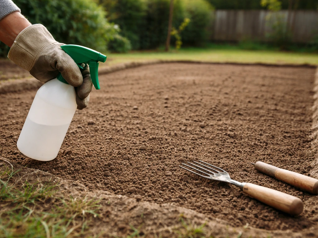 Parcelle de jardin préparée avec sol nu et outils, avant semis de gazon