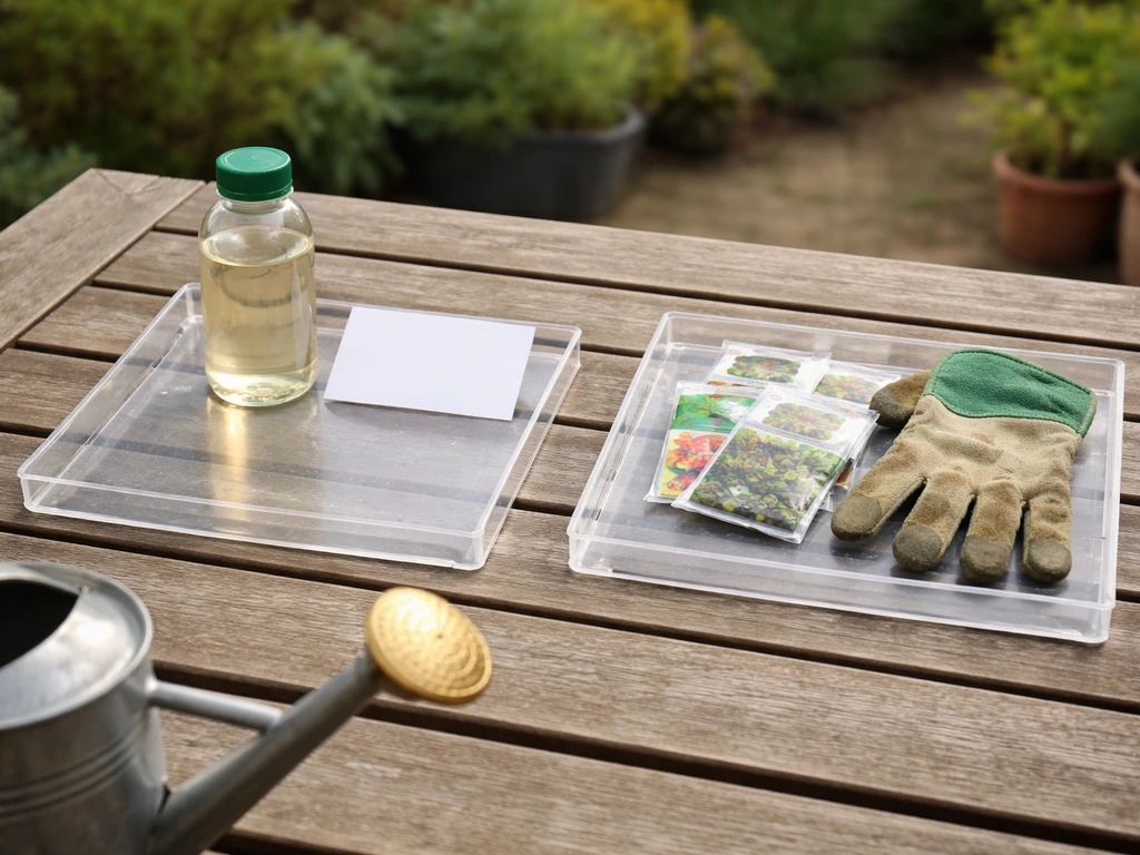 Planchettes sur une table de jardin avec bidon de vinaigre horticole, graines et gants, ambiance comparatif.