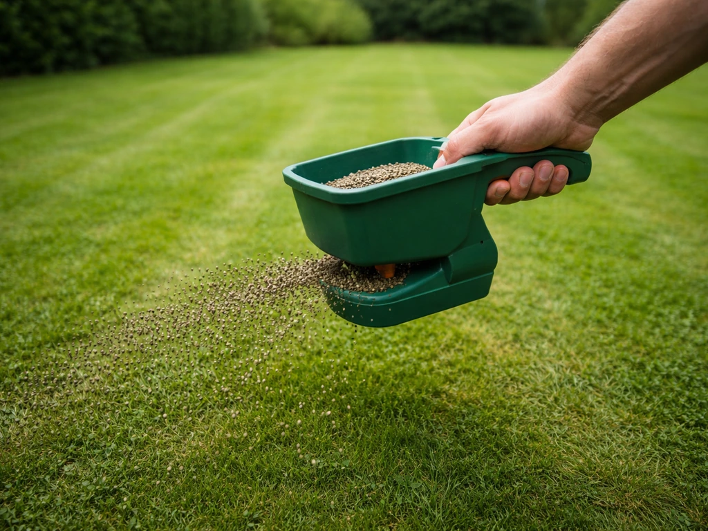 Main épandant des granulés anti-mousse sur une pelouse, répartition en bandes homogènes.