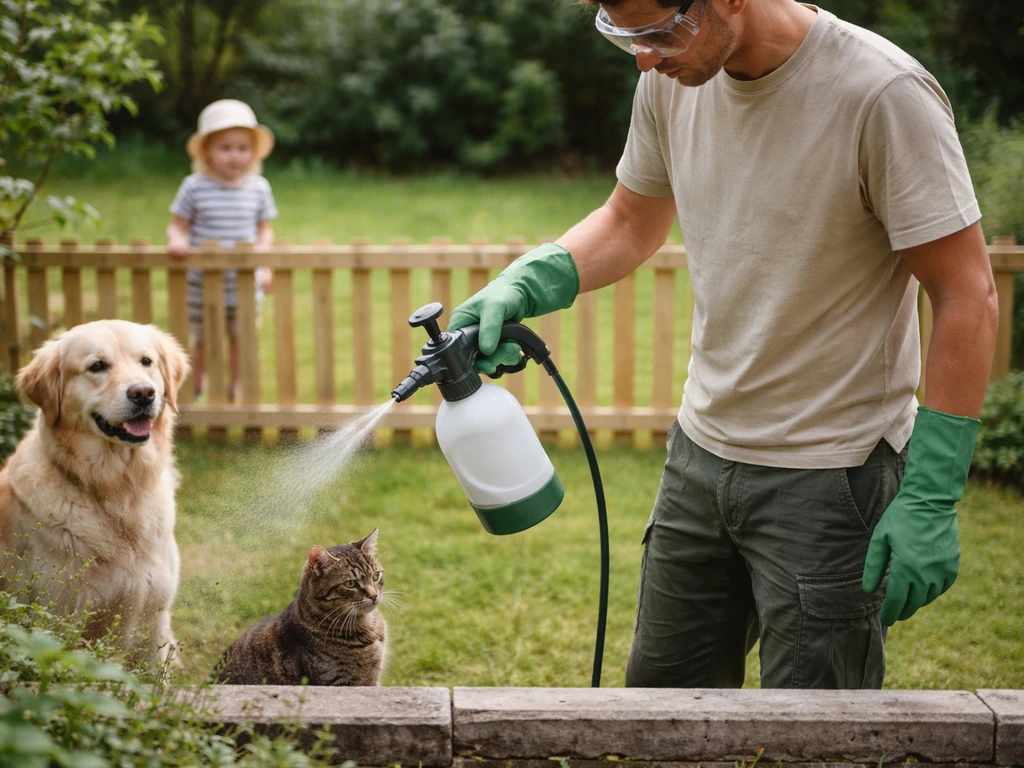 Adulte en gants imperméables et lunettes, applique un produit au jardin, enfants et animaux à distance derrière une clôt