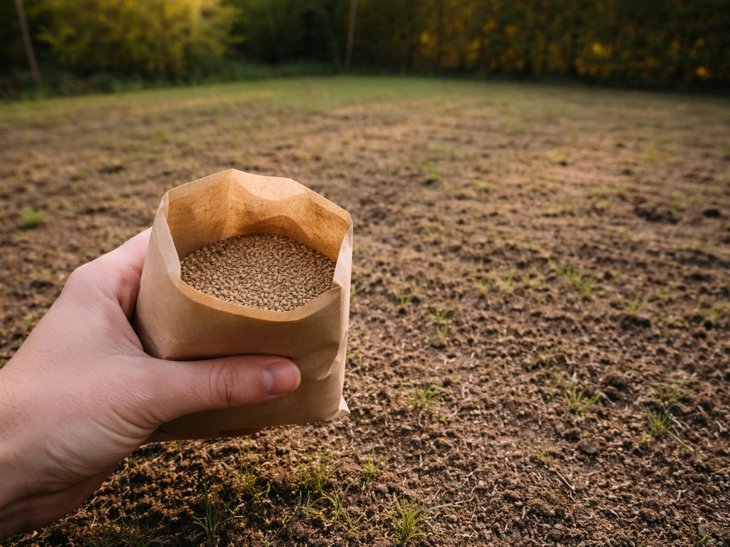 Main tenant un sachet de graines, terre griffée humide et pelouse fraîchement ensemencée dans un jardin.