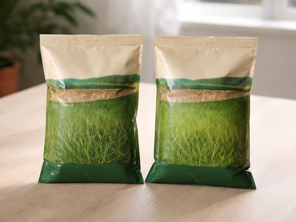 Deux sachets de semences de gazon posés à plat sur une table, vue réaliste en lumière naturelle.