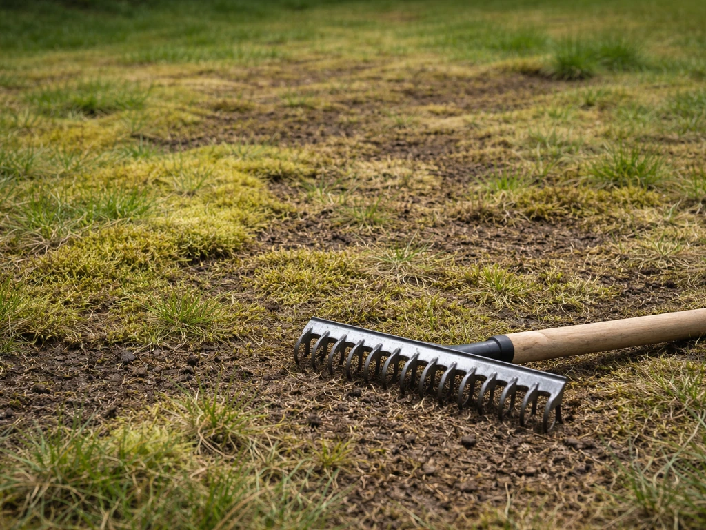 Sol de pelouse avec zones de mousse et de feutrage, un scarificateur manuel en premier plan.