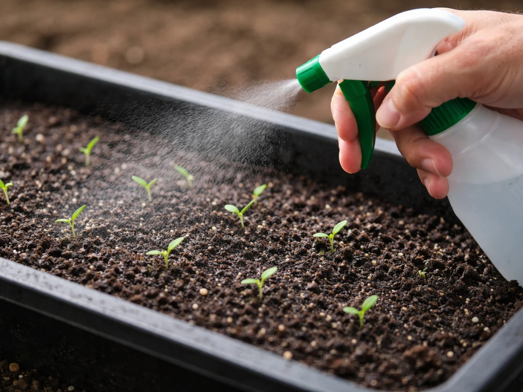 Brumisation fine sur la terre de semis, sans flaques, pour garder humide la couche des 2–3 cm.
