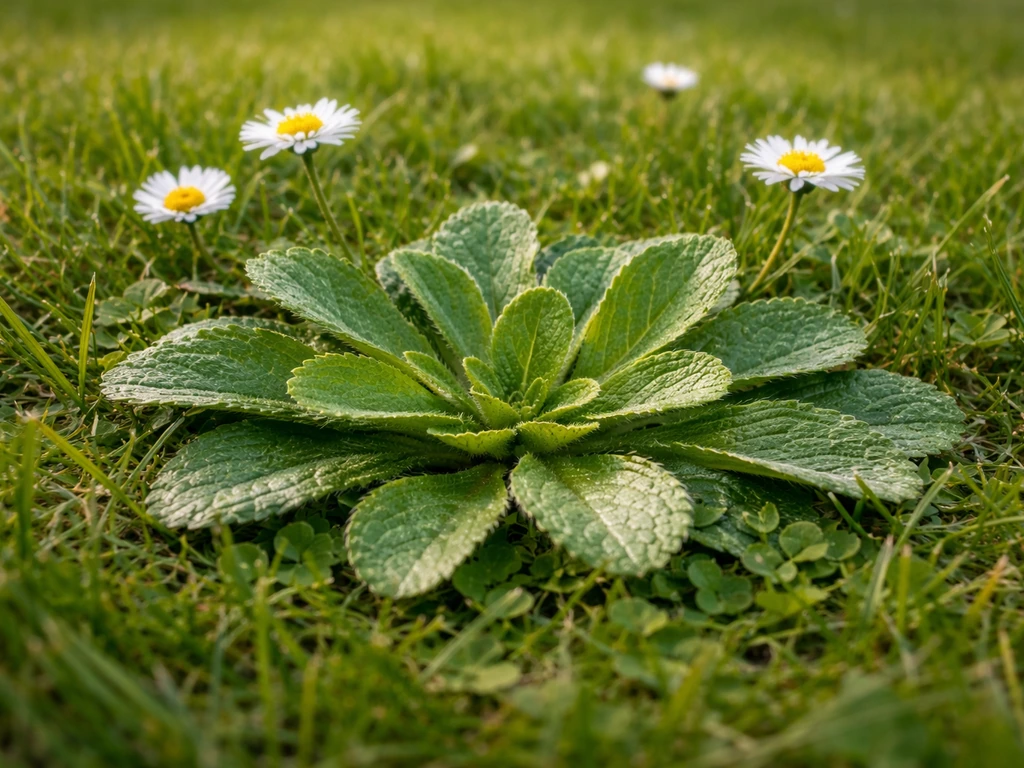 Gros plan d’une pâquerette commune dans une pelouse, montrant sa rosette rase et des fleurs blanches.