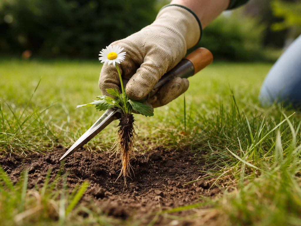 Main avec un couteau désherbeur qui arrache une pâquerette au jardin, racine extraite