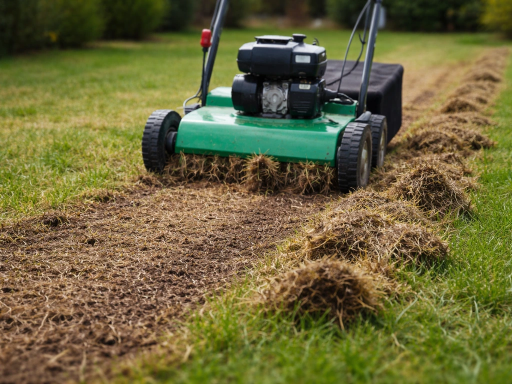 Scarificateur en action sur une pelouse, feutre brun retiré et sol mis à nu après le défeutrage.