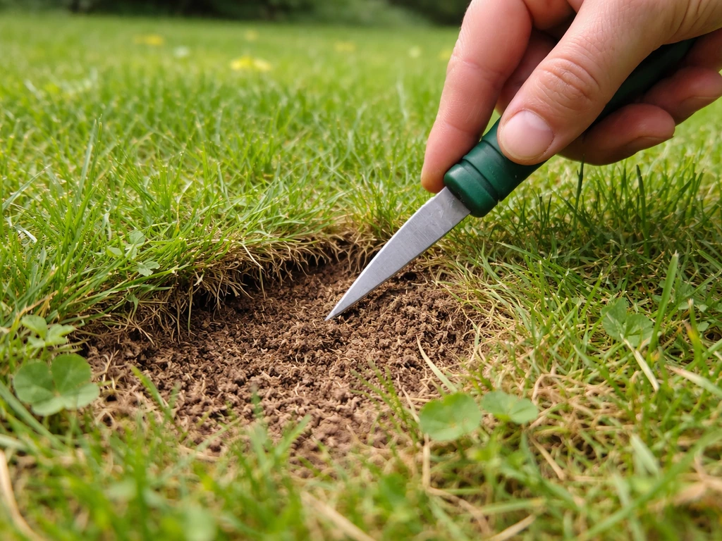 Gazon et feutrage : un outil de jardin enfoncé entre les brins d’herbe pour révéler une couche spongieuse.
